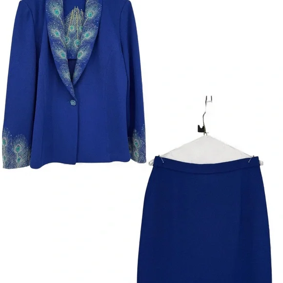 St. John Evening Blue Knit Bib Skirt Suit Jacket 12 Skirt 8 Embellished Peacock - Picture 3 of 16
